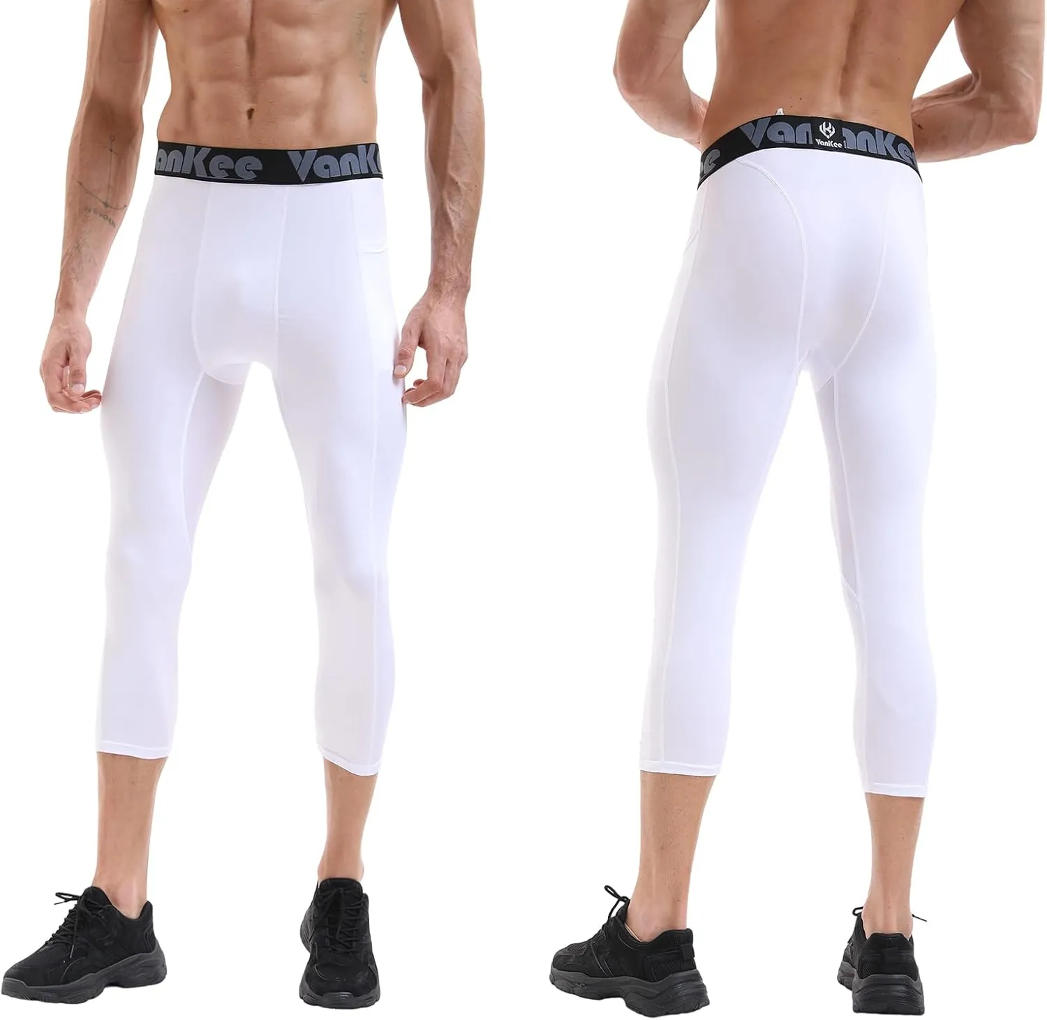 3/4 Men's Compression Pants Leggings with Pockets Quick Dry Workout Athletic Baselayer Bottoms Running Tights