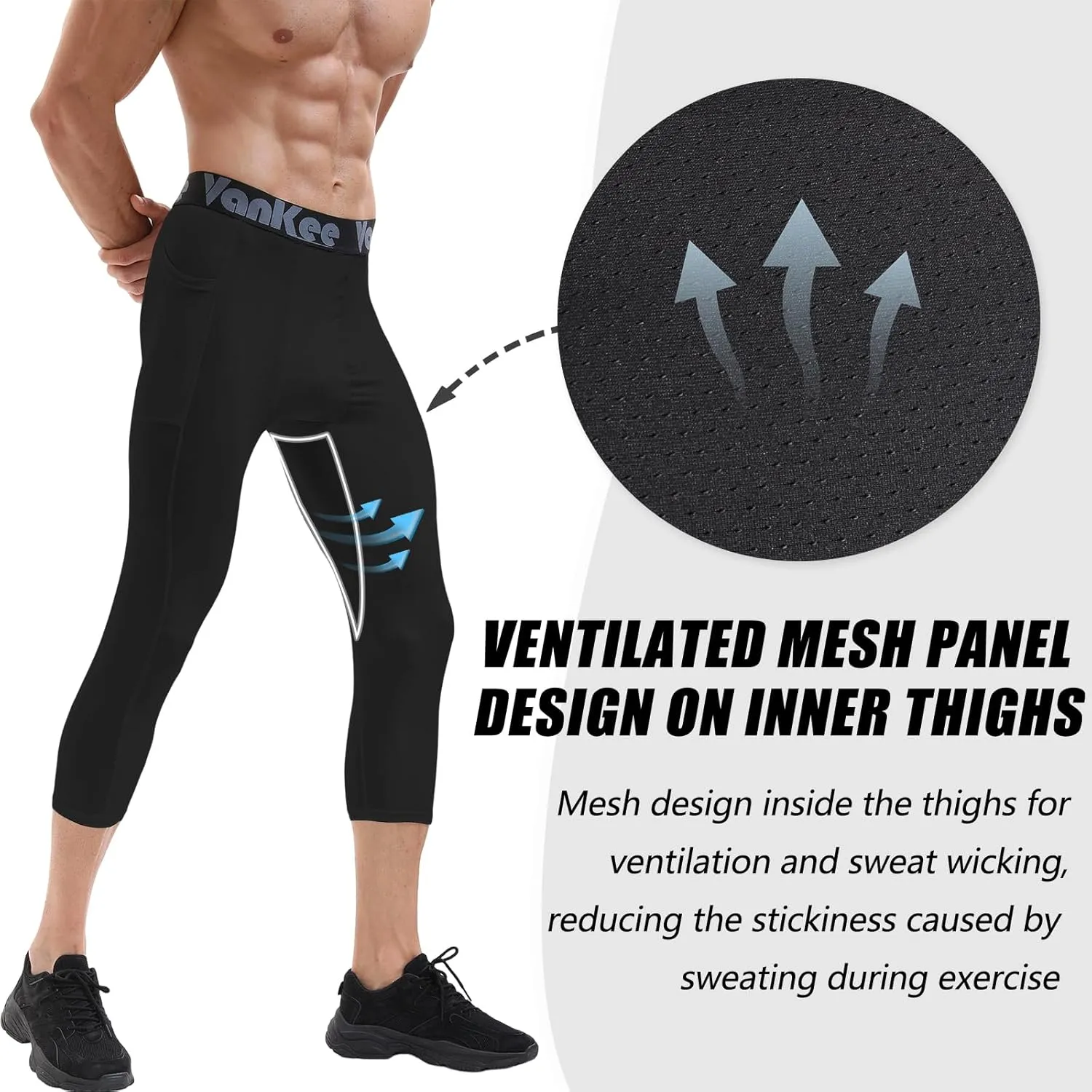 3/4 Men's Compression Pants Leggings with Pockets Quick Dry Workout Athletic Baselayer Bottoms Running Tights