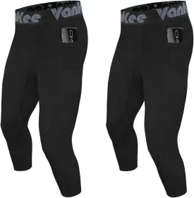3/4 Men's Compression Pants Leggings with Pockets Quick Dry Workout Athletic Baselayer Bottoms Running Tights