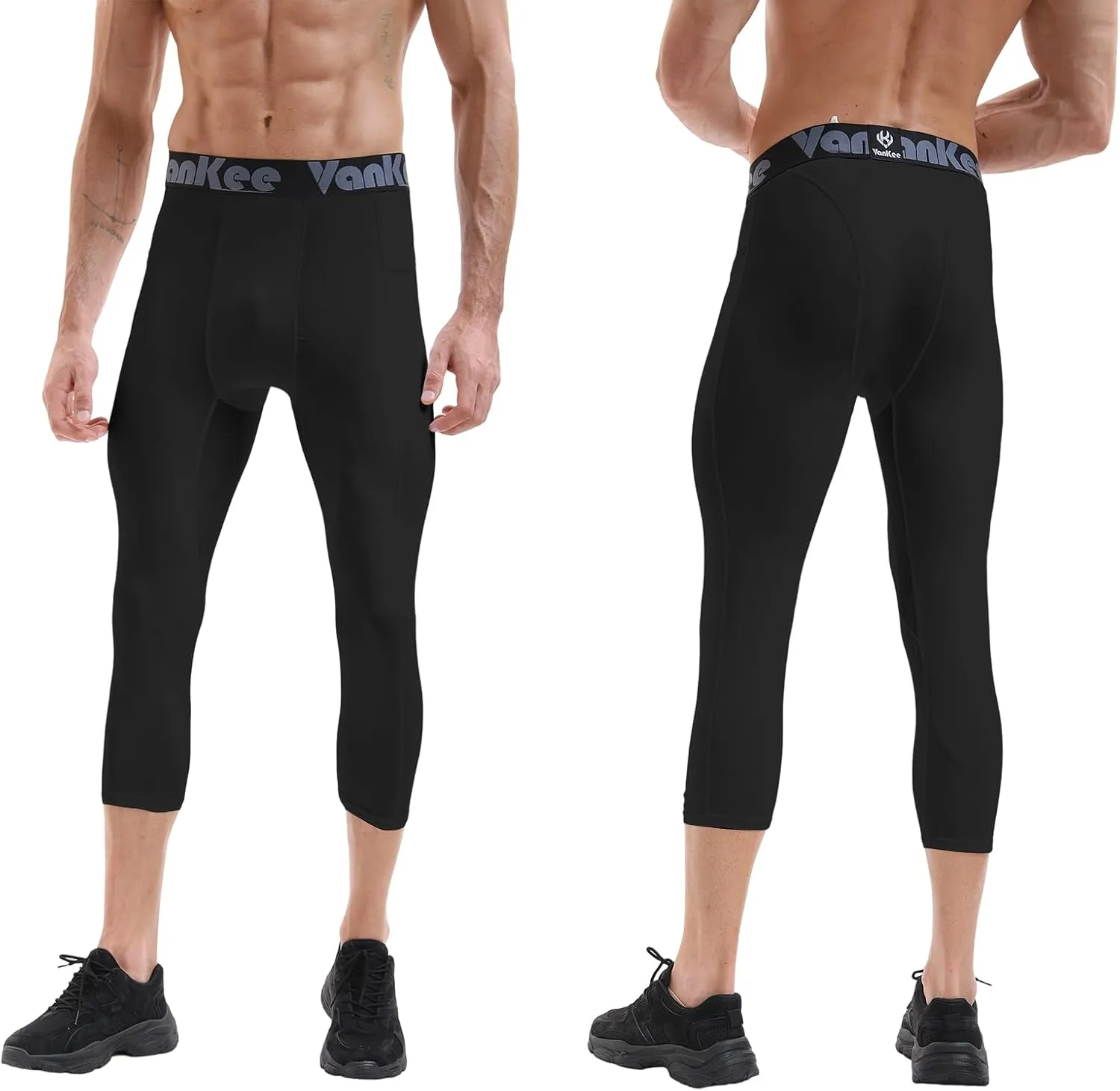 3/4 Men's Compression Pants Leggings with Pockets Quick Dry Workout Athletic Baselayer Bottoms Running Tights