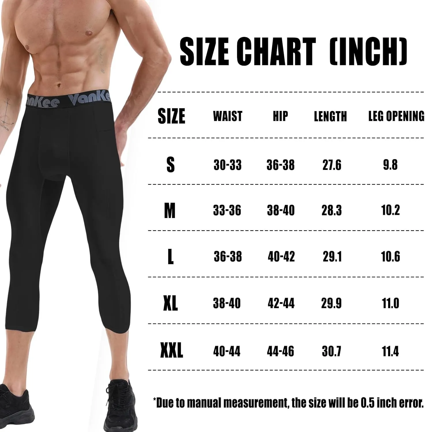 3/4 Men's Compression Pants Leggings with Pockets Quick Dry Workout Athletic Baselayer Bottoms Running Tights