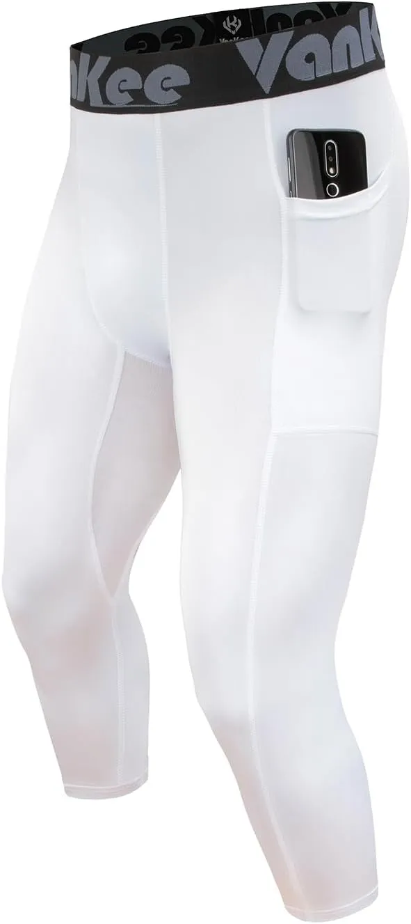 3/4 Men's Compression Pants Leggings with Pockets Quick Dry Workout Athletic Baselayer Bottoms Running Tights