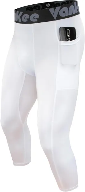 3/4 Men's Compression Pants Leggings with Pockets Quick Dry Workout Athletic Baselayer Bottoms Running Tights