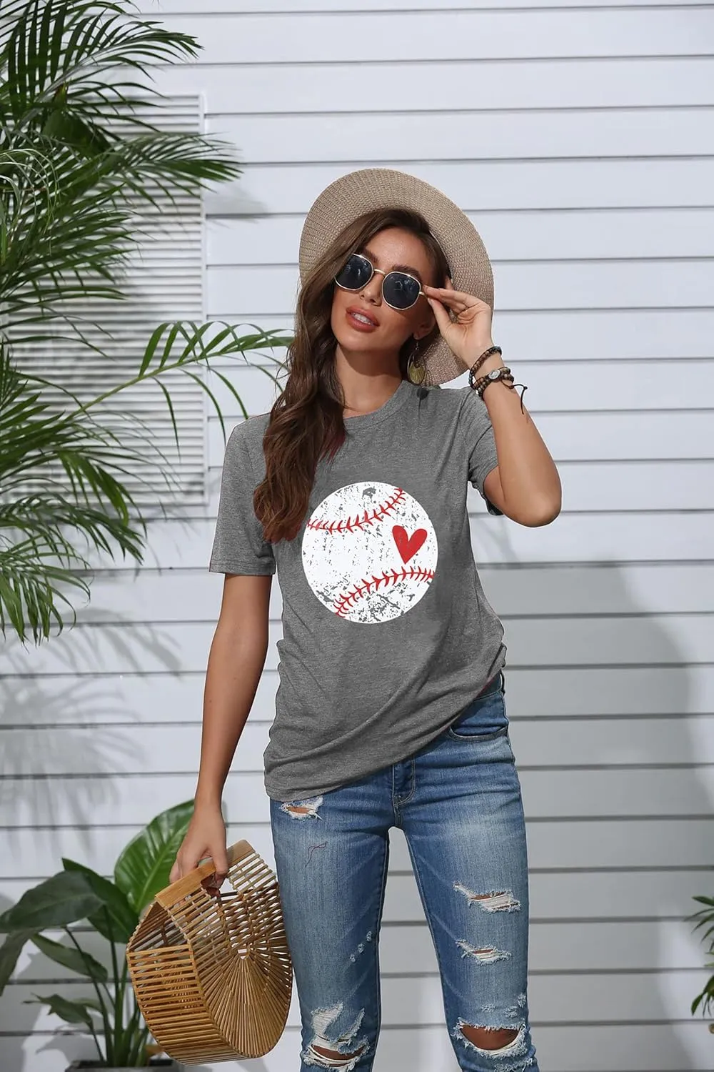 Baseball Shirt Women Baseball Heart Tee Shirts Baseball Mom Tshirt Game Day Casual Crew Neck Short Sleeve Tops