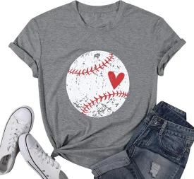 Baseball Shirt Women Baseball Heart Tee Shirts Baseball Mom Tshirt Game Day Casual Crew Neck Short Sleeve Tops