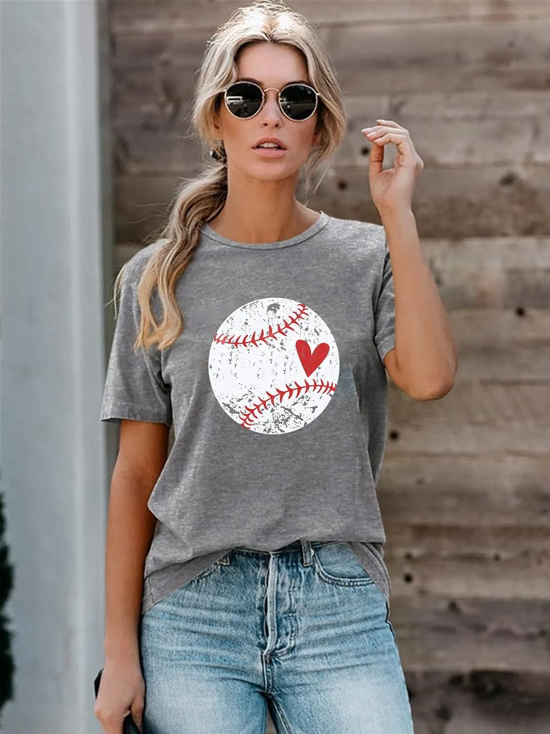 Baseball Shirt Women Baseball Heart Tee Shirts Baseball Mom Tshirt Game Day Casual Crew Neck Short Sleeve Tops