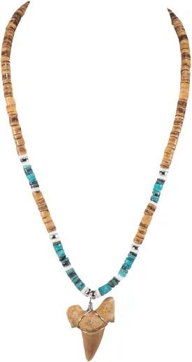 BlueRica Shark Tooth Pendant on Tiger Coconut Beads & Green Heishi Shell Beads Necklace