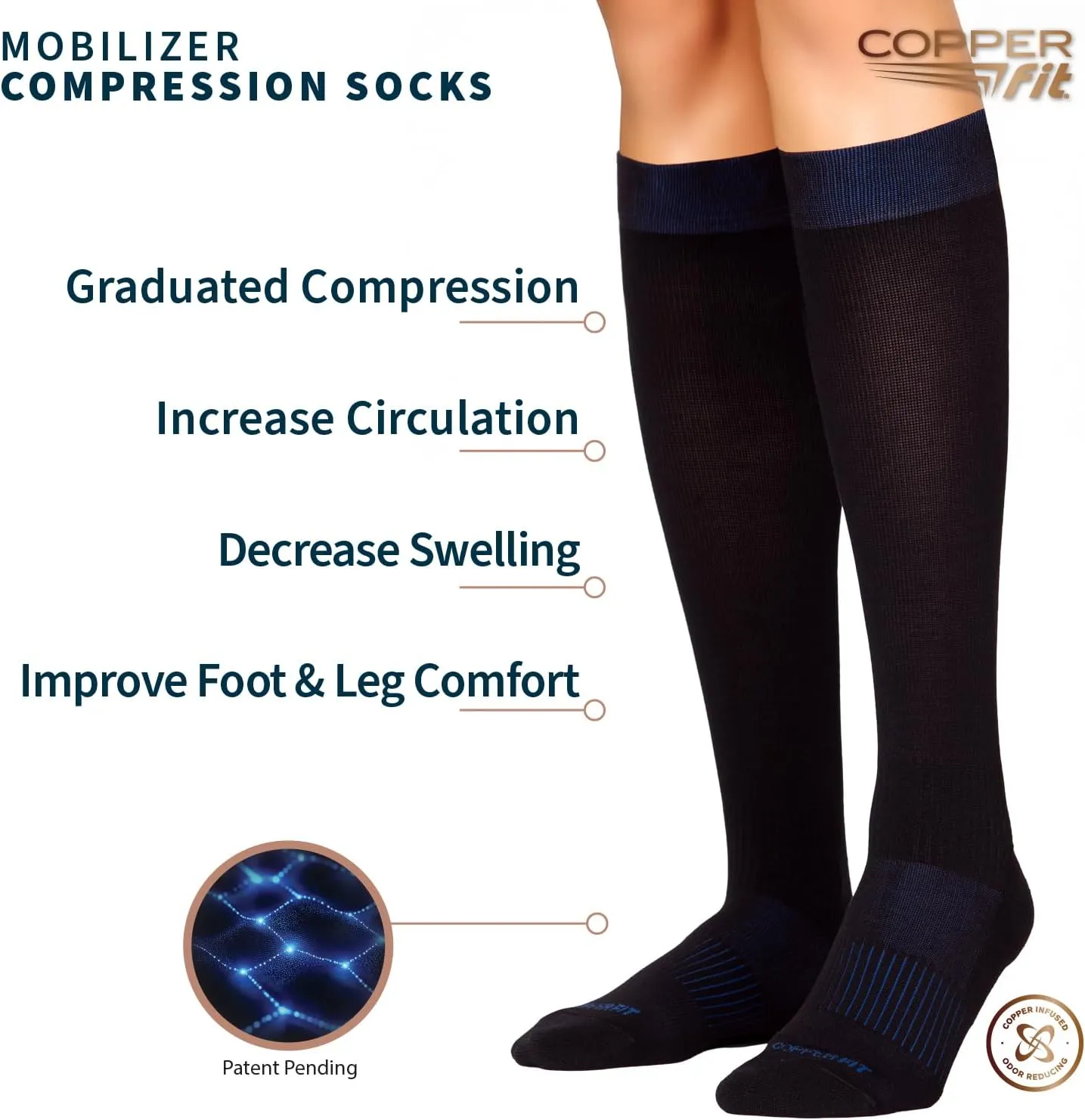 Copper Fit Mobilizer Compression Socks Easy On & Off Improves Circulation, Reduces Swelling for Men & Women, Work & Running