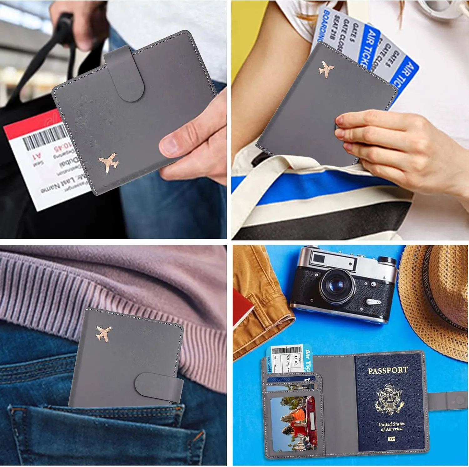 Deziliao Passport Wallet, Gray, Unisex, Faux Leather, Waterproof, Slim, Lightweight, RFID Blocking, 2-in-1 Design, with Document Slots, Credit Card Slots, SIM Card Slots