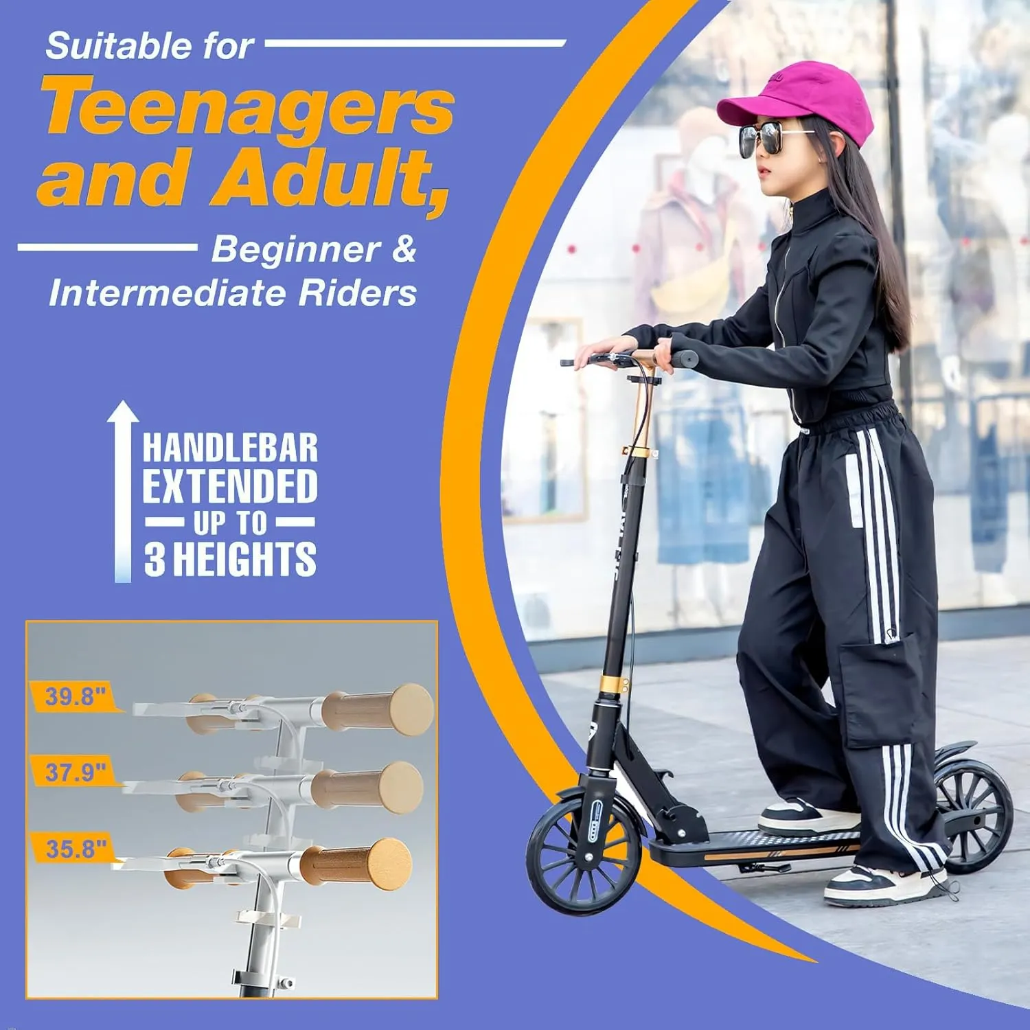 Kick Scooter for Ages 6 ,Kid, Teens & Adults for 300 lbs Capacity, Lightweight, Foldable - 8IN Big Wheels Scooter,Commuter Adult Scooters with Hand Brake, 4 Adjustable Levels, ABEC 9, 15 lb