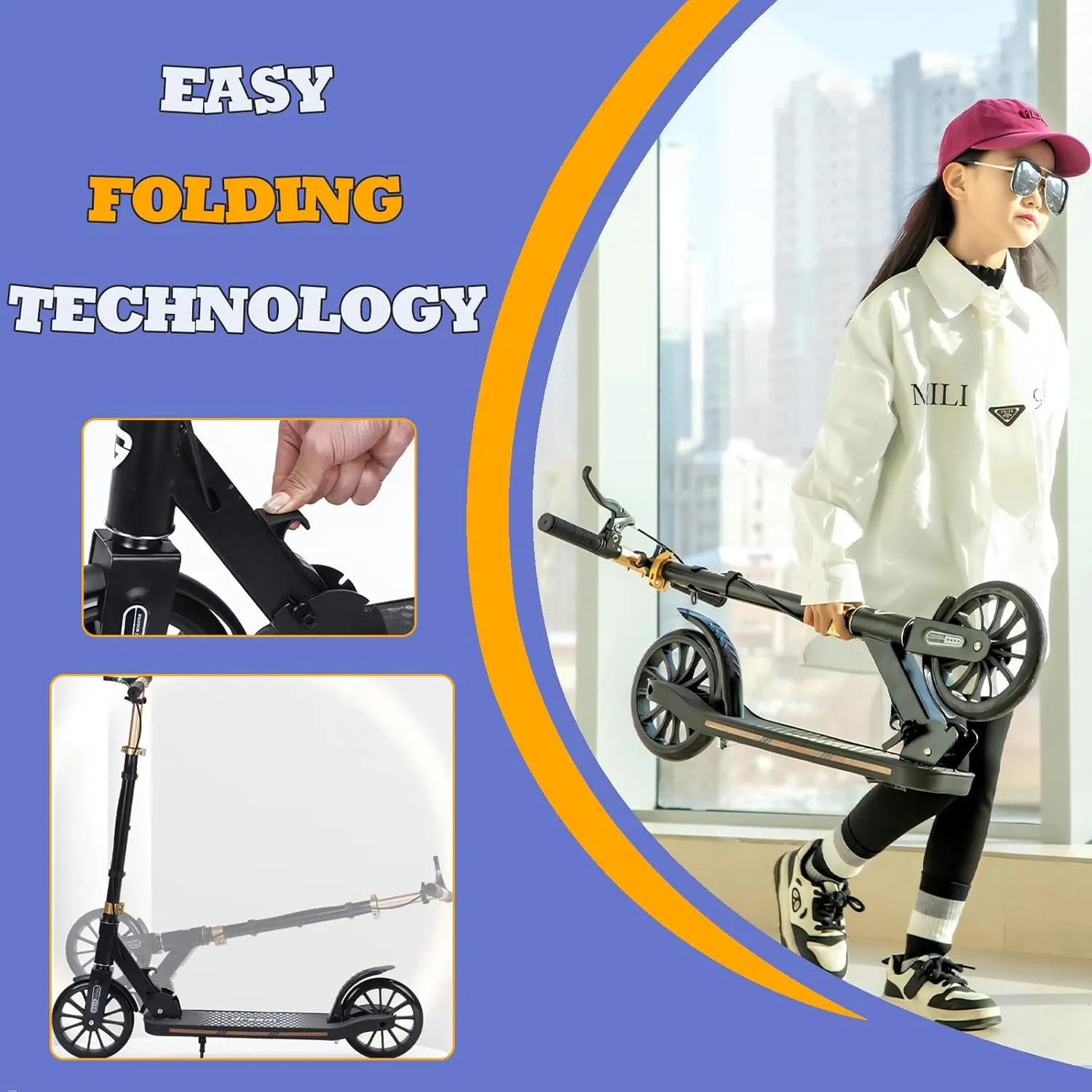 Kick Scooter for Ages 6 ,Kid, Teens & Adults for 300 lbs Capacity, Lightweight, Foldable - 8IN Big Wheels Scooter,Commuter Adult Scooters with Hand Brake, 4 Adjustable Levels, ABEC 9, 15 lb