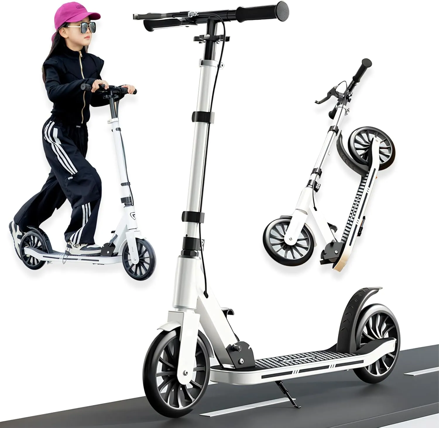 Kick Scooter for Ages 6 ,Kid, Teens & Adults for 300 lbs Capacity, Lightweight, Foldable - 8IN Big Wheels Scooter,Commuter Adult Scooters with Hand Brake, 4 Adjustable Levels, ABEC 9, 15 lb