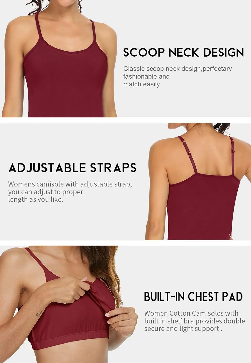 Orrpally Women Cotton Camisole Shelf Bra Cami Tank Tops Adjustable Spaghetti Strap Tank Top 3-Pack
