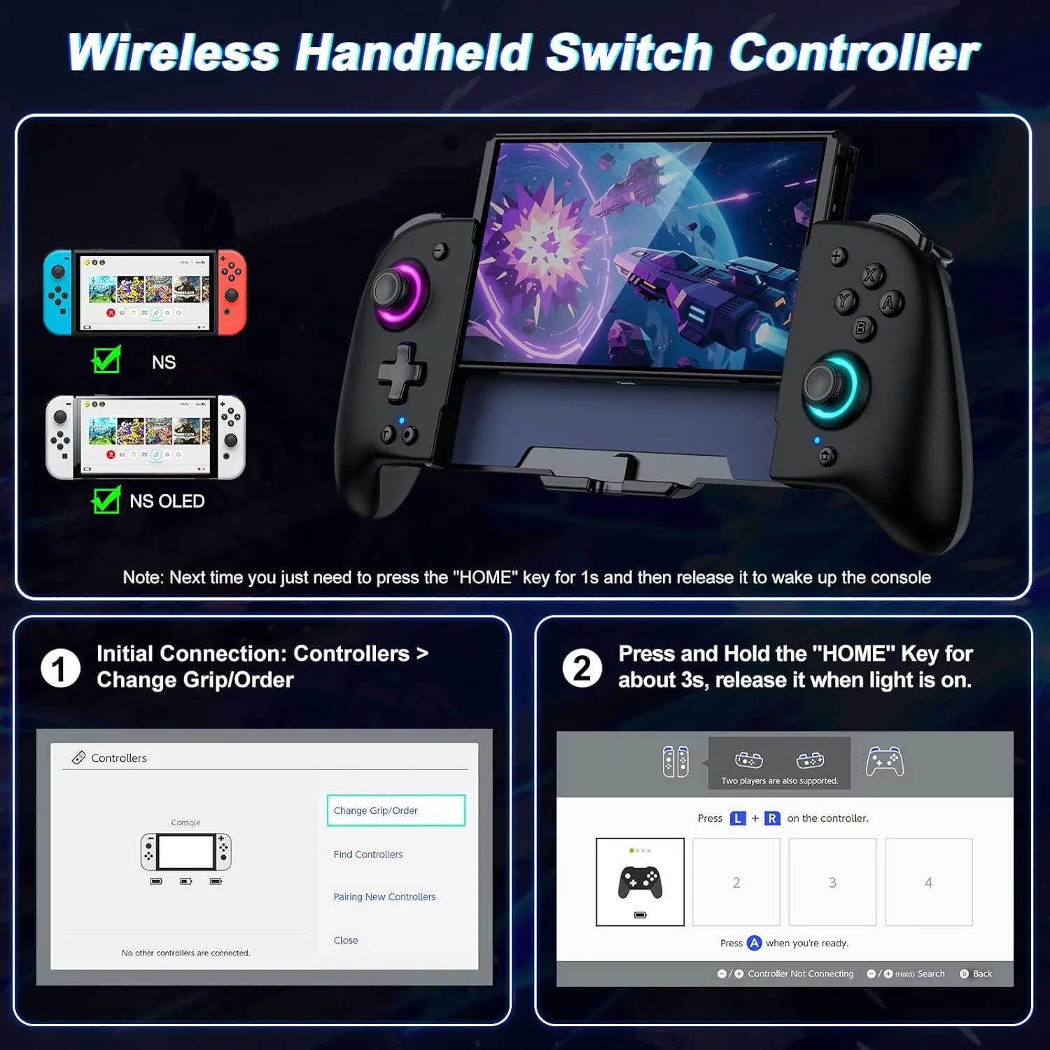 Switch Controllers, Wireless Pro Controller Replacement for Nintendo Switch Controller/OLED, One-Piece Ergonomic Handheld Controller with Programmable/Turbo/Wakeup, Black