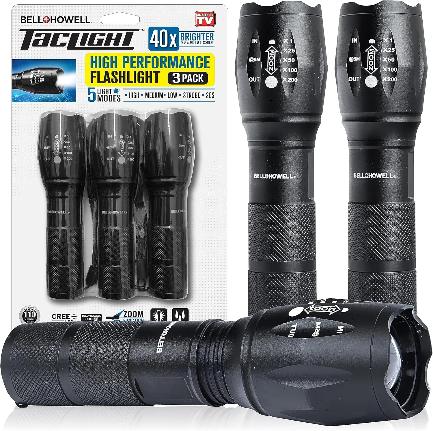 TacLight 3 Pk Tactical Flashlights High Lumens, Super Bright Led Flashlights, Zoomable Heavy Duty Waterproof Flash Lights Battery Powered Small Flashlights for Emergencies/Camping AS SEEN ON TV