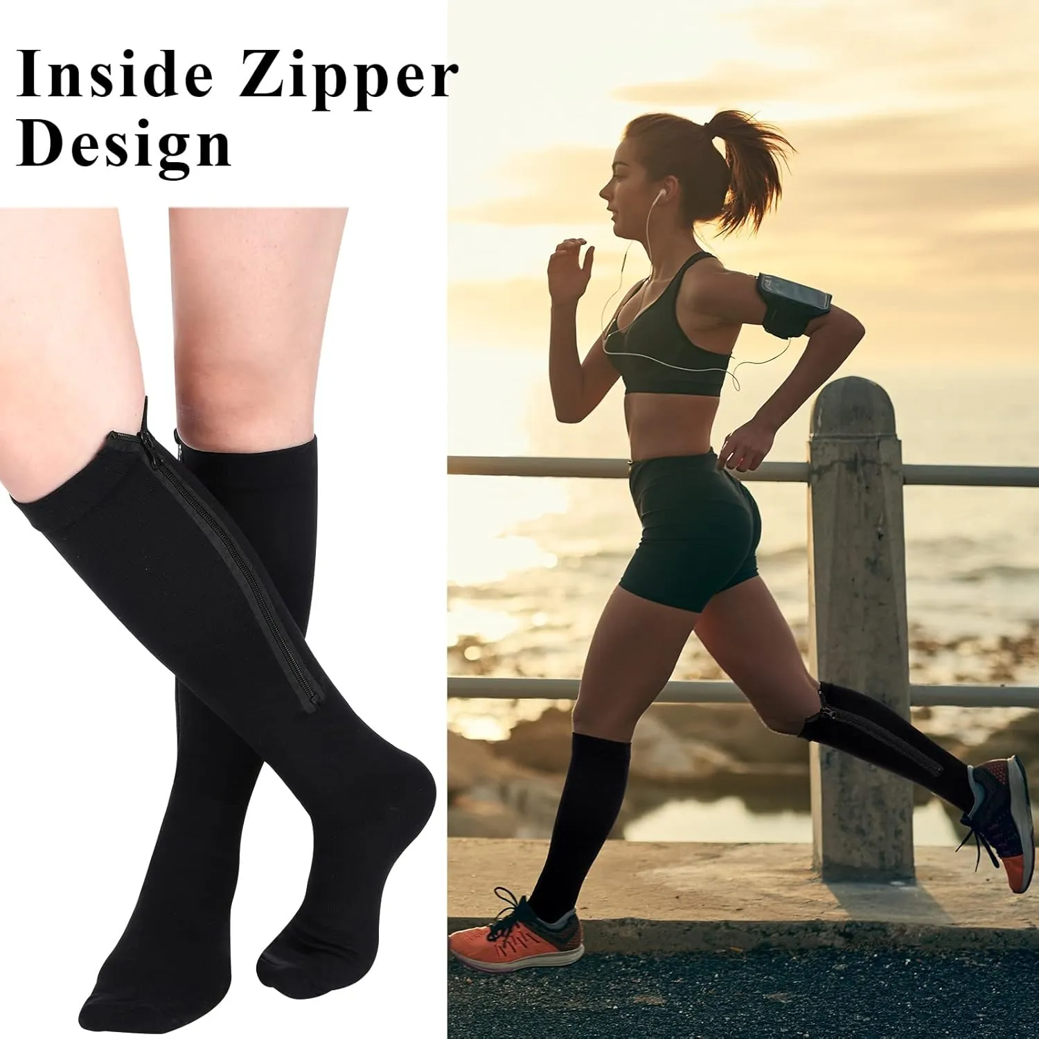 Tarpop 4 Pairs Inside Zipper Compression Socks 20-30 Mmhg Women Men Stockings with Zipper Closed Toe Zip up Compression Socks for Women Men