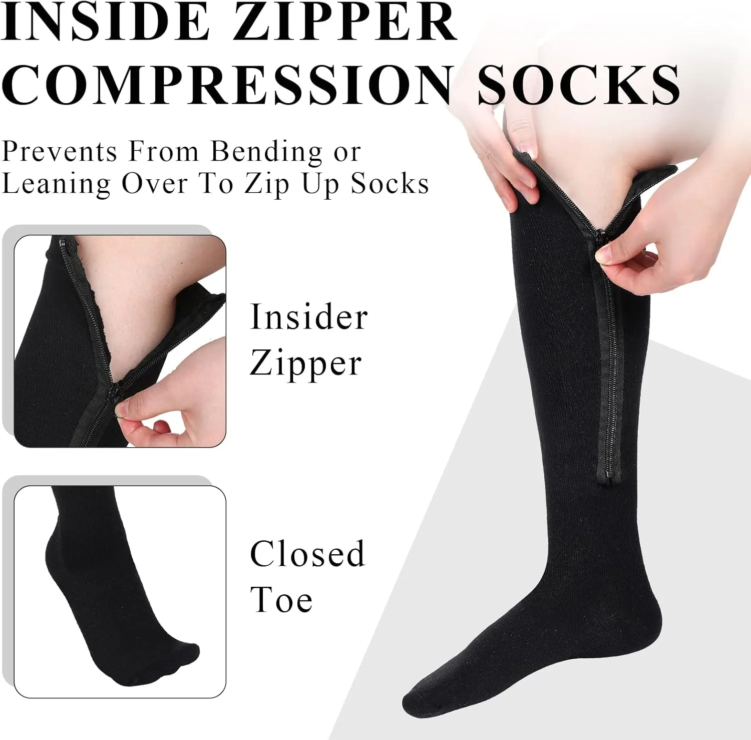 Tarpop 4 Pairs Inside Zipper Compression Socks 20-30 Mmhg Women Men Stockings with Zipper Closed Toe Zip up Compression Socks for Women Men