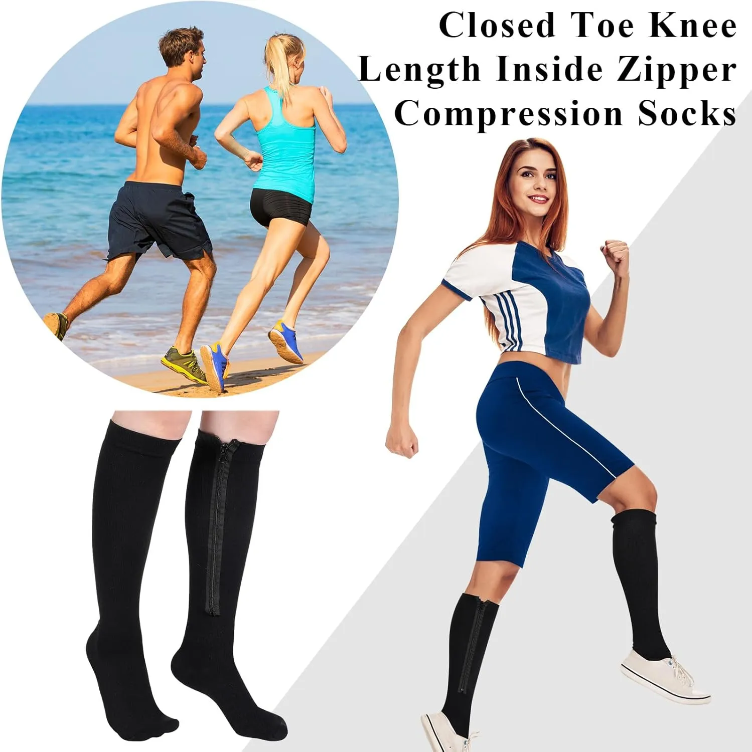 Tarpop 4 Pairs Inside Zipper Compression Socks 20-30 Mmhg Women Men Stockings with Zipper Closed Toe Zip up Compression Socks for Women Men