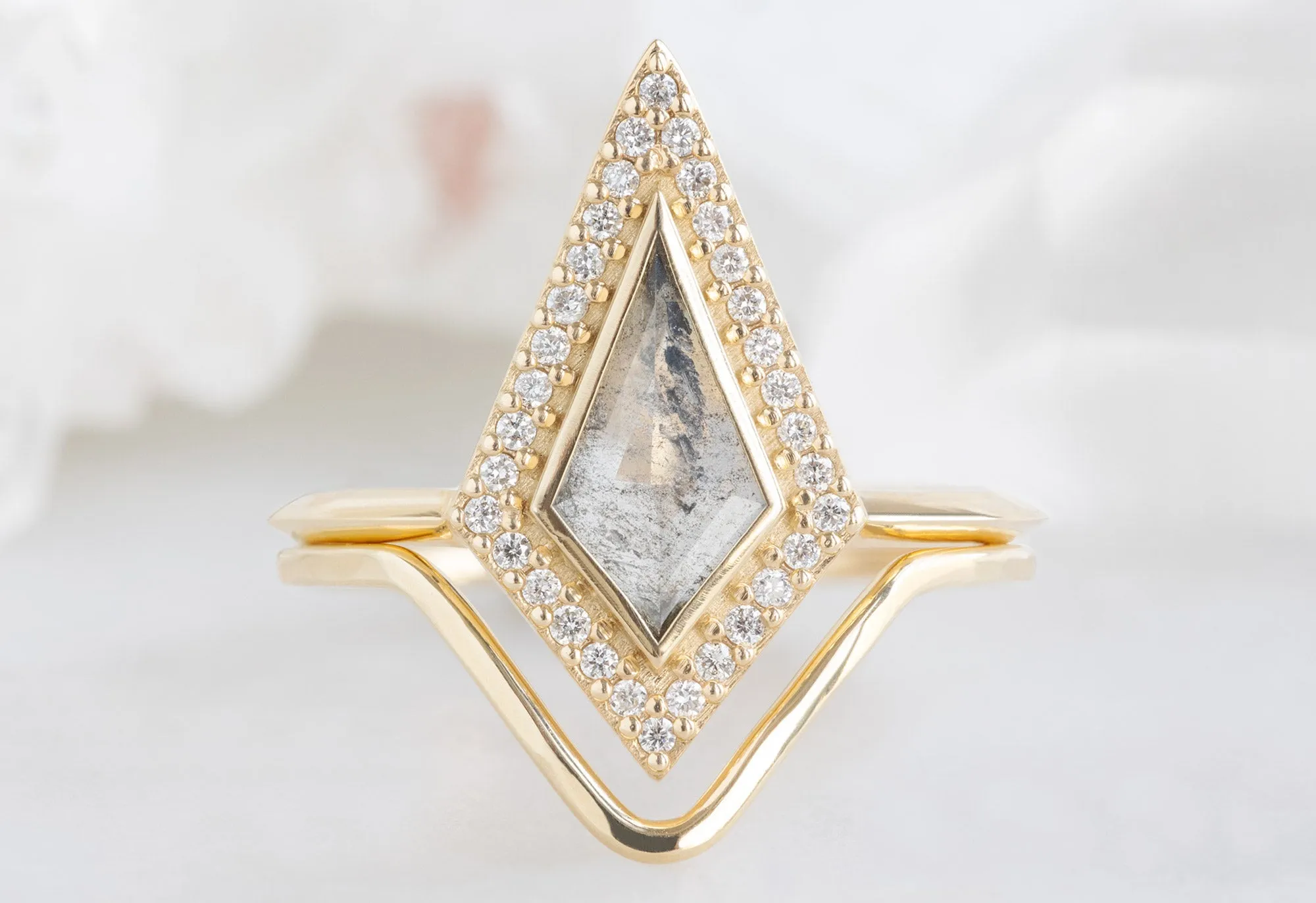 The Dahlia Ring with a Kite-Shaped Salt and Pepper Diamond