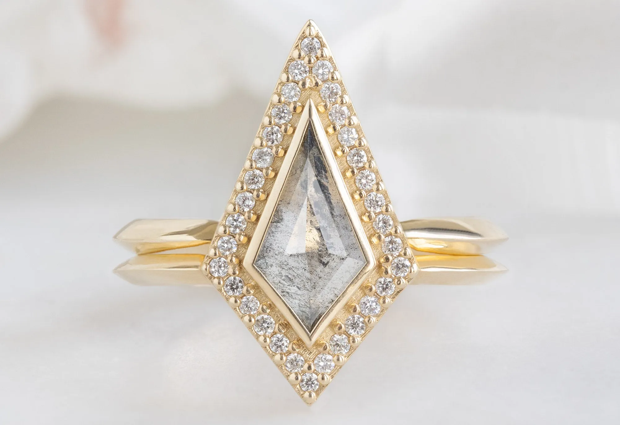 The Dahlia Ring with a Kite-Shaped Salt and Pepper Diamond