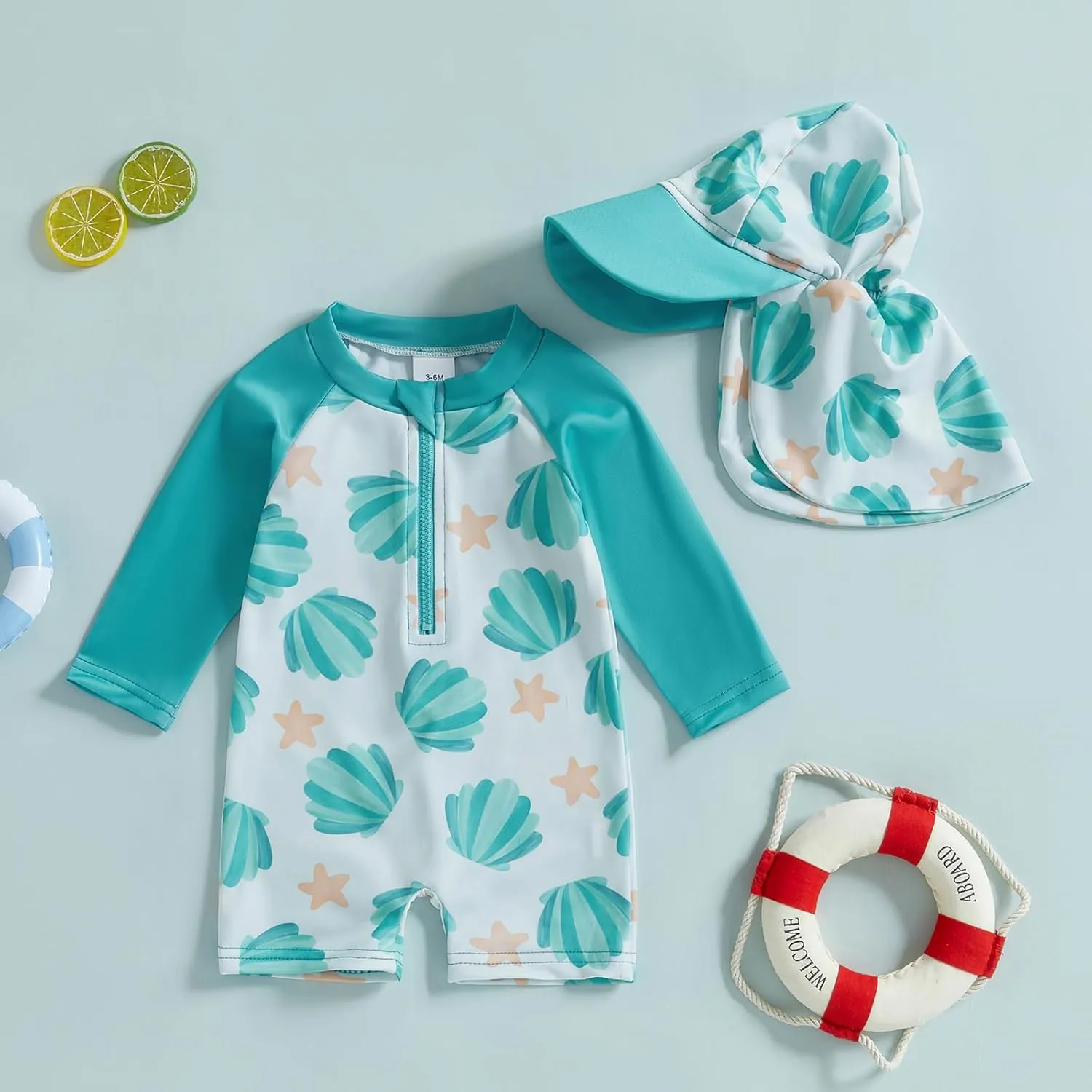 Toddler Baby Boy Swimsuit Shell Star Print Zipper Swimwear Long Sleeve Beachwear Bathing Suit Hat Summer Rash Guard