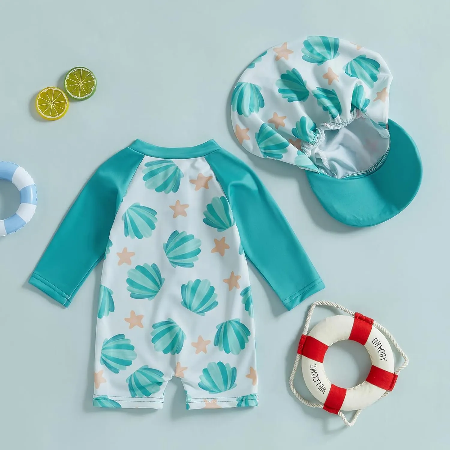 Toddler Baby Boy Swimsuit Shell Star Print Zipper Swimwear Long Sleeve Beachwear Bathing Suit Hat Summer Rash Guard