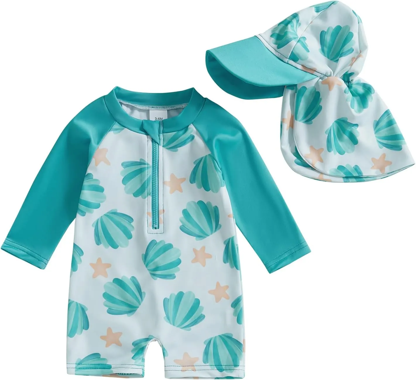 Toddler Baby Boy Swimsuit Shell Star Print Zipper Swimwear Long Sleeve Beachwear Bathing Suit Hat Summer Rash Guard