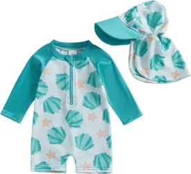 Toddler Baby Boy Swimsuit Shell Star Print Zipper Swimwear Long Sleeve Beachwear Bathing Suit Hat Summer Rash Guard