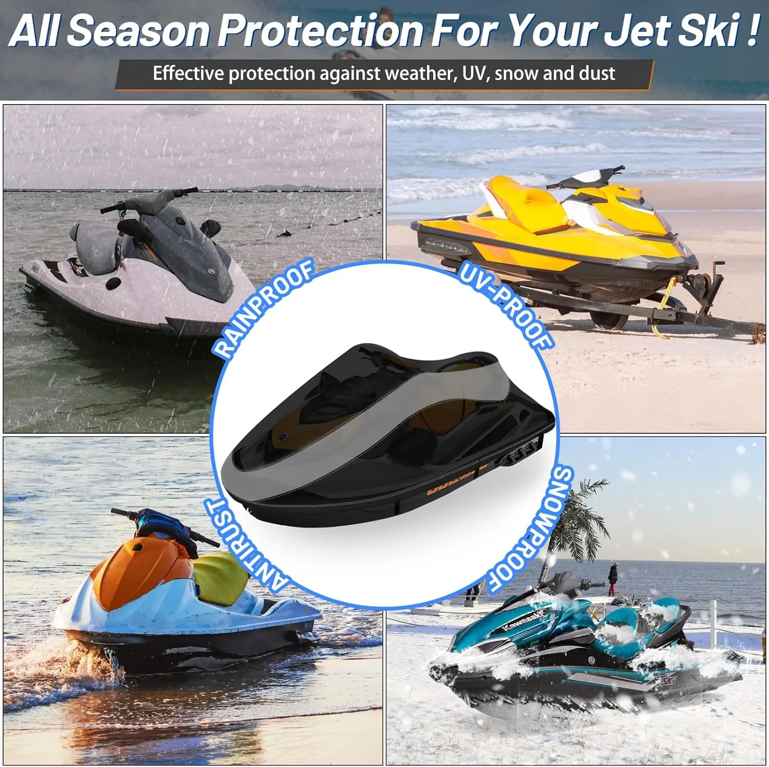 Trailerable Jet Ski Cover, Waterproof Tear and Fade Resistant Cover with 3 Thickened Buckles & Reflective Air Vent, Fits from 126" to 135" 3 Seater(Black&Grey)