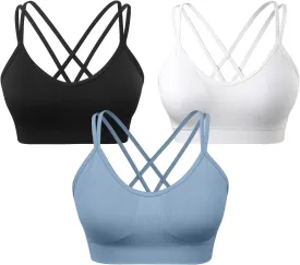 VEQKING Women's Cross Back Sports Bra Padded Strappy Medium Support Yoga Bra for Workout Fitness 3 Pack