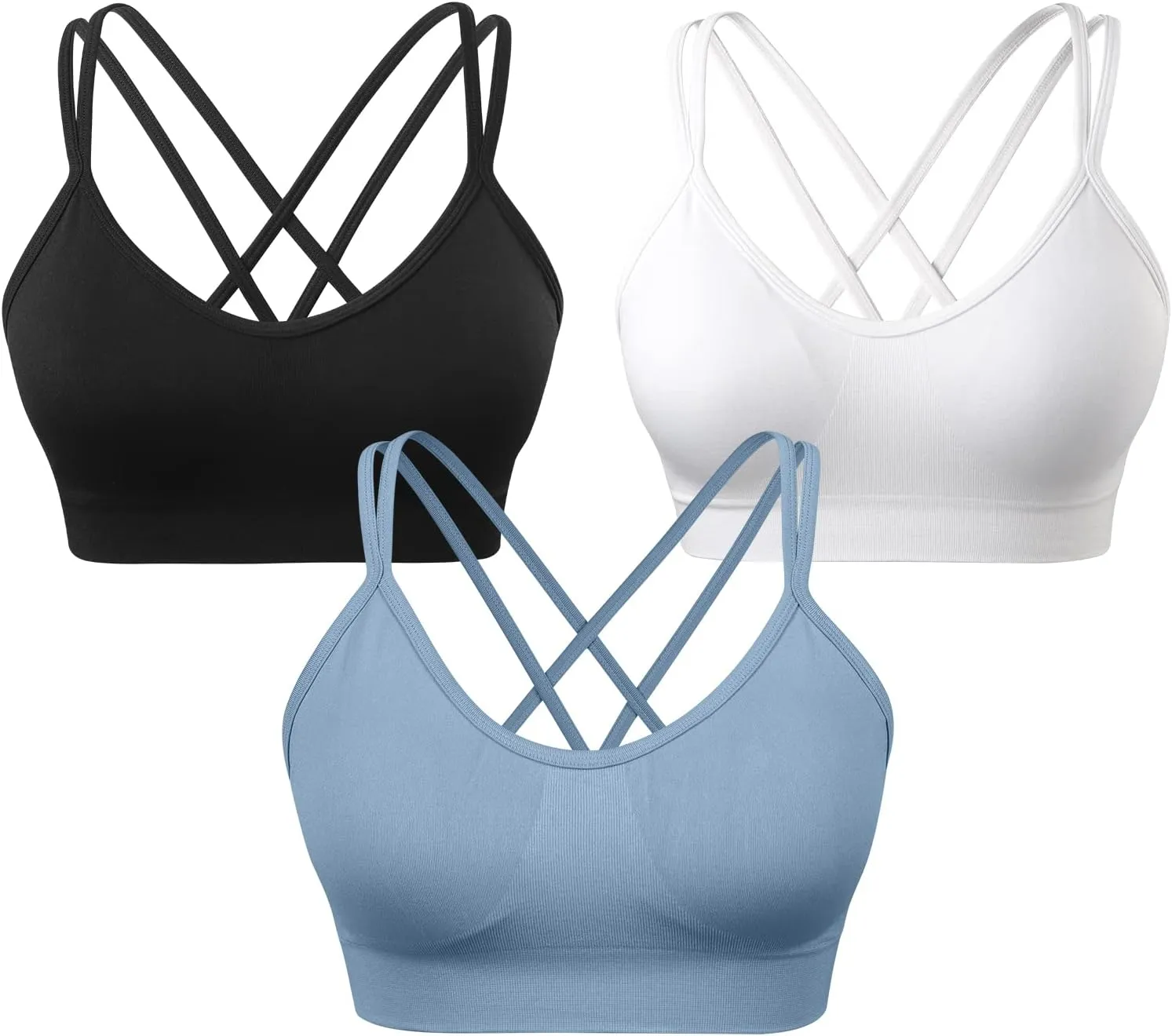 VEQKING Women's Cross Back Sports Bra Padded Strappy Medium Support Yoga Bra for Workout Fitness 3 Pack