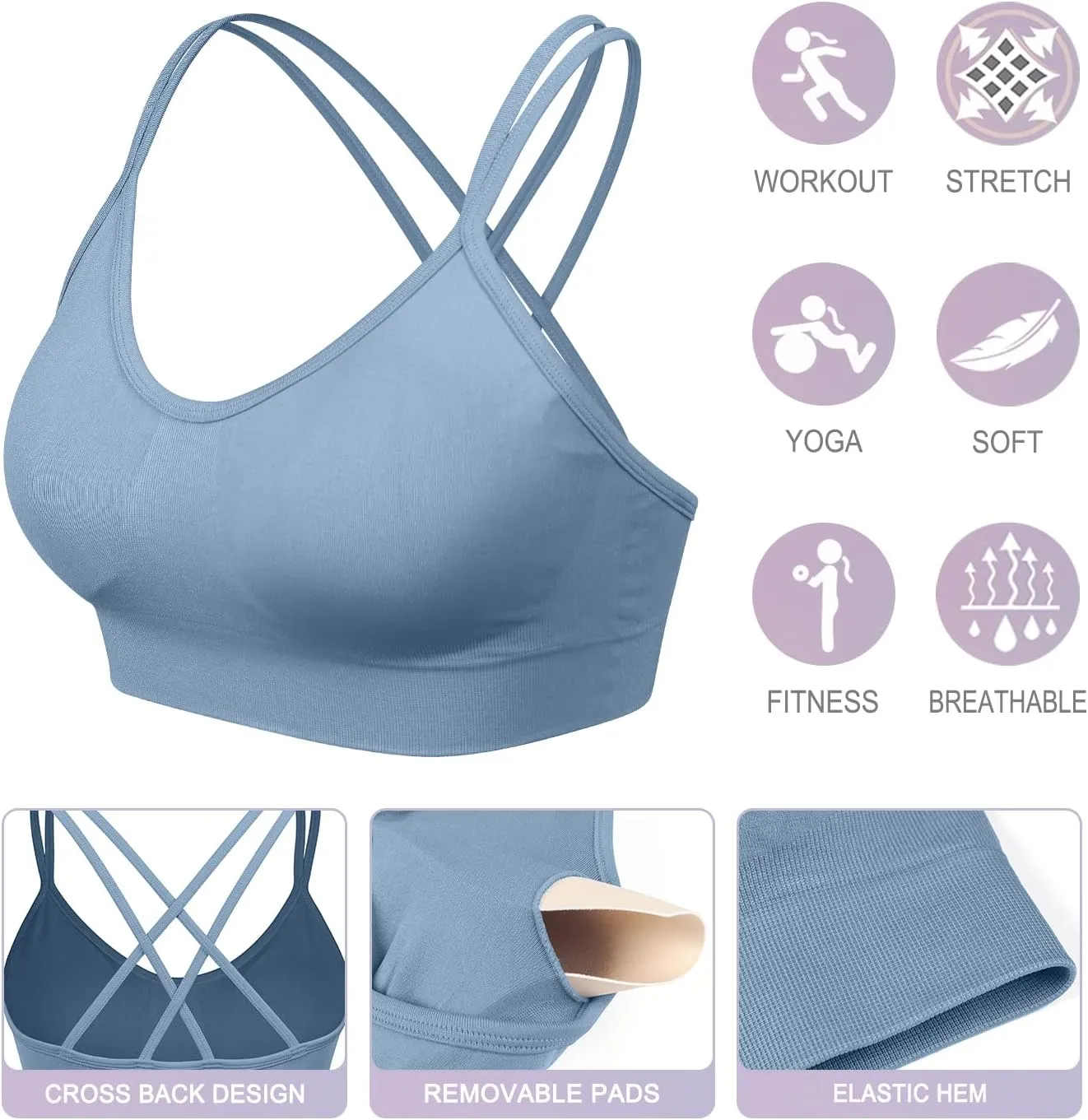 VEQKING Women's Cross Back Sports Bra Padded Strappy Medium Support Yoga Bra for Workout Fitness 3 Pack