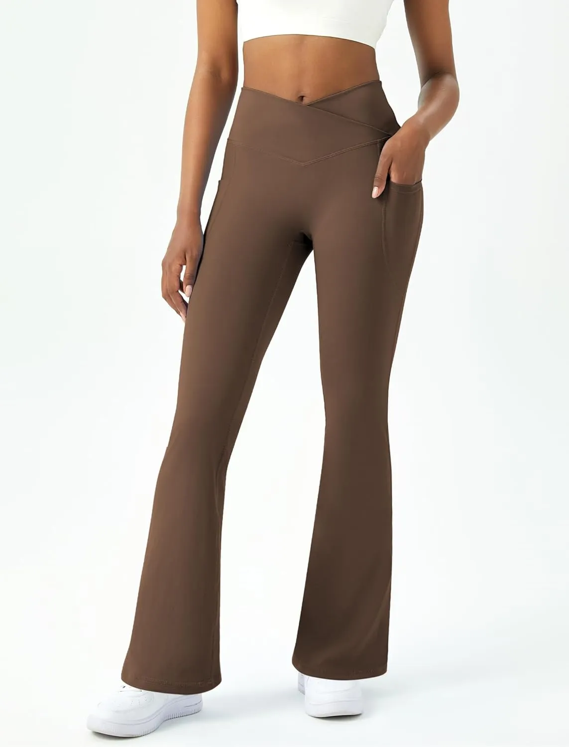 Womens Flare Yoga Pants with Pockets Crossover Flared Leggings Bootcut Bell Bottom No Front Seam