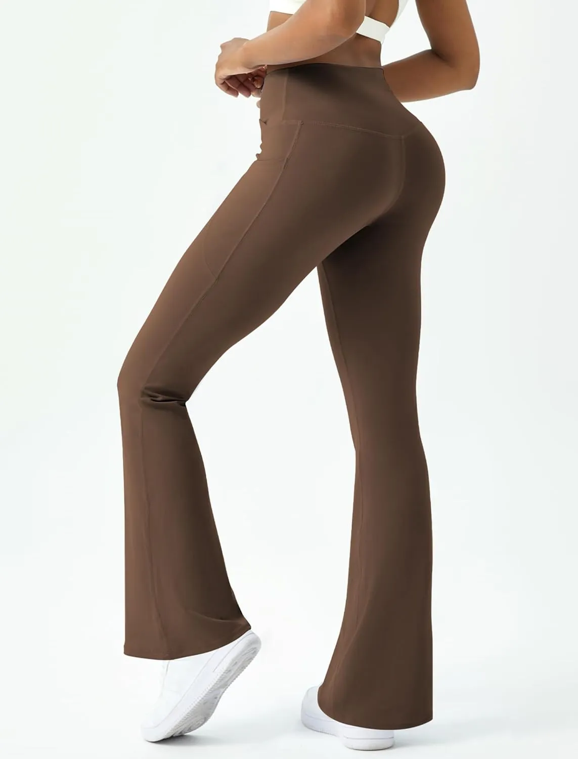 Womens Flare Yoga Pants with Pockets Crossover Flared Leggings Bootcut Bell Bottom No Front Seam