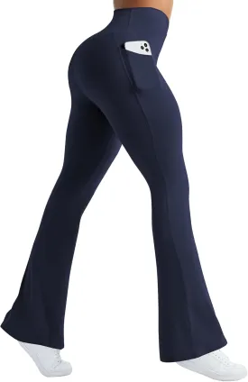 Womens Flare Yoga Pants with Pockets Crossover Flared Leggings Bootcut Bell Bottom No Front Seam