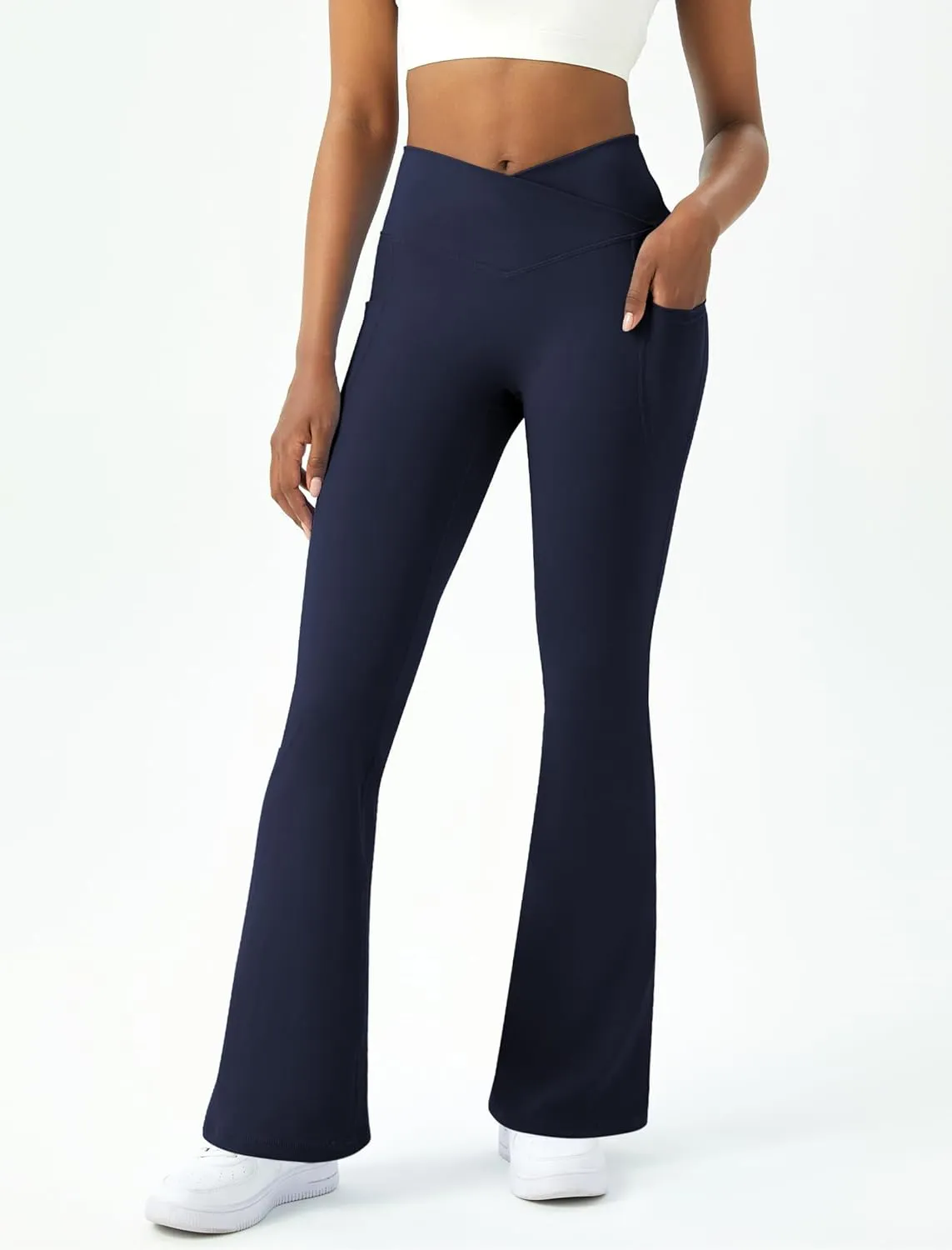Womens Flare Yoga Pants with Pockets Crossover Flared Leggings Bootcut Bell Bottom No Front Seam