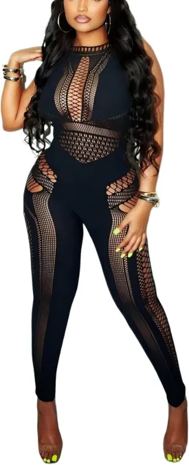 Women's Sexy Sleeveless See Through Outfit One Piece Bodycon Mesh Jumpsuit