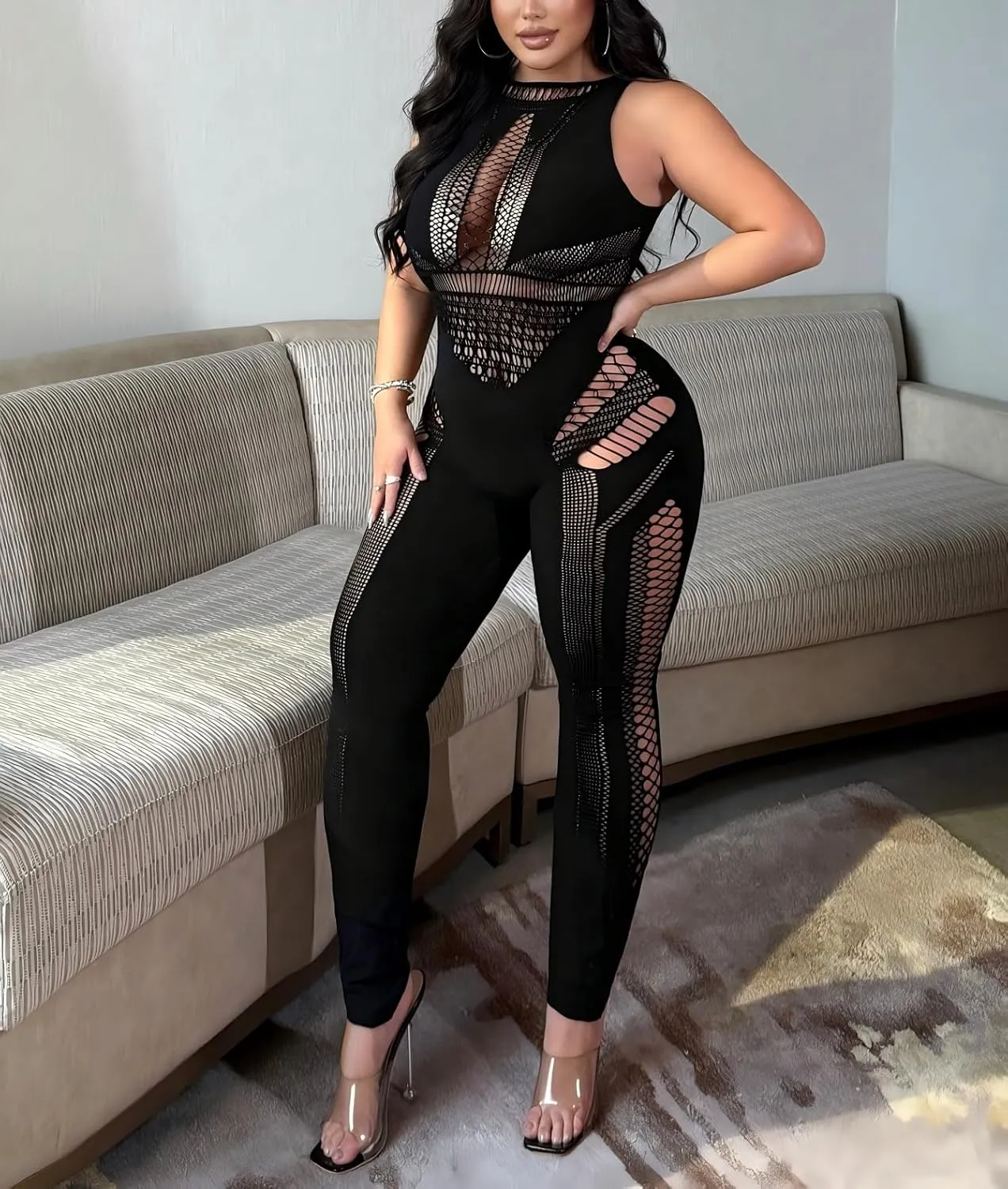 Women's Sexy Sleeveless See Through Outfit One Piece Bodycon Mesh Jumpsuit