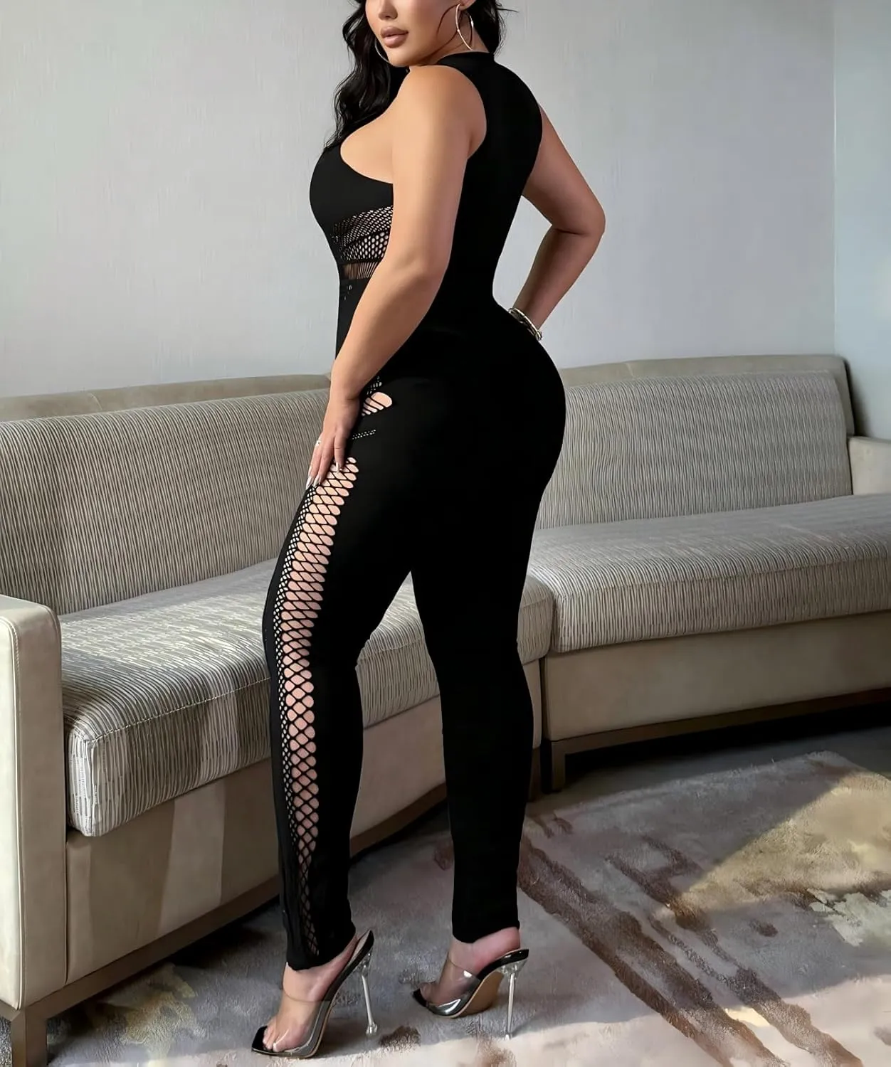 Women's Sexy Sleeveless See Through Outfit One Piece Bodycon Mesh Jumpsuit