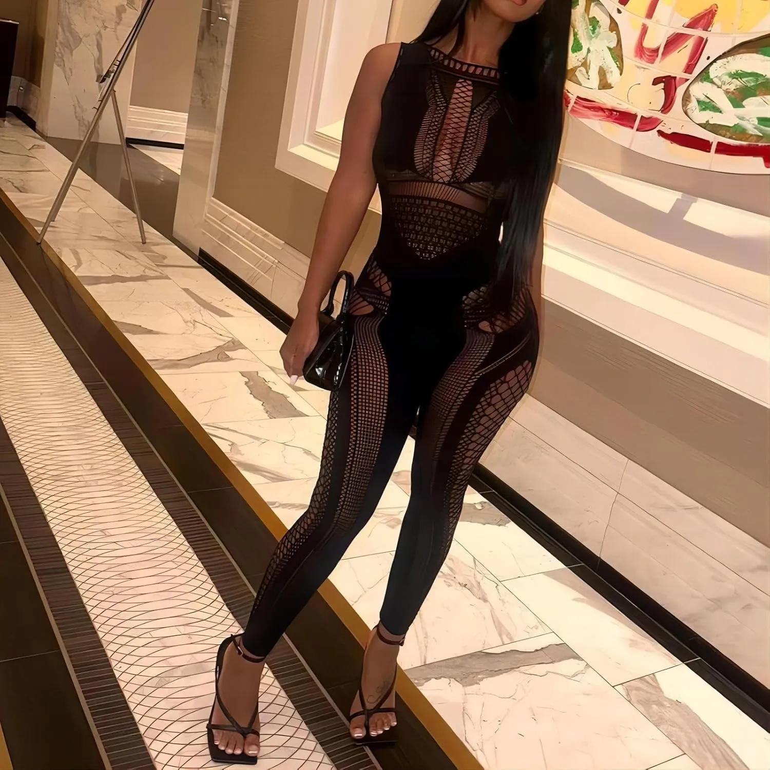 Women's Sexy Sleeveless See Through Outfit One Piece Bodycon Mesh Jumpsuit