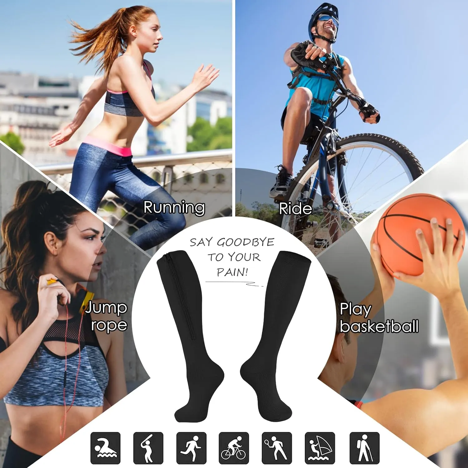 Zipper Compression Socks, 2 Pairs 15-20 mmHg Closed Toe Compression Stockings for Men Women