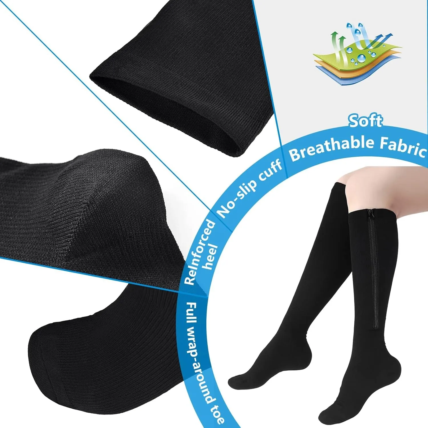 Zipper Compression Socks, 2 Pairs 15-20 mmHg Closed Toe Compression Stockings for Men Women